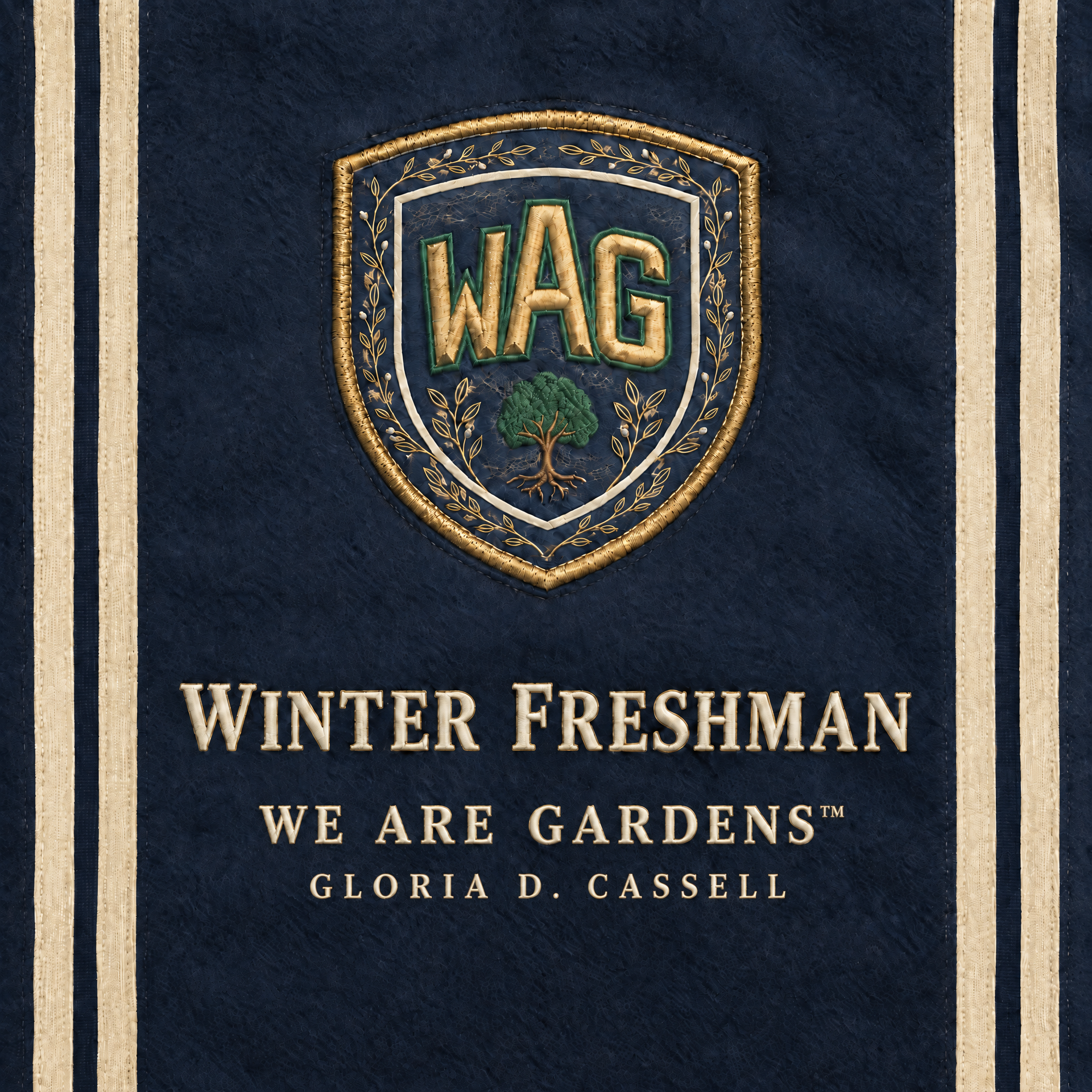 Original Winter Freshman album cover: a navy and ivory collegiate jacket with the We Are Gardens crest and gold details.