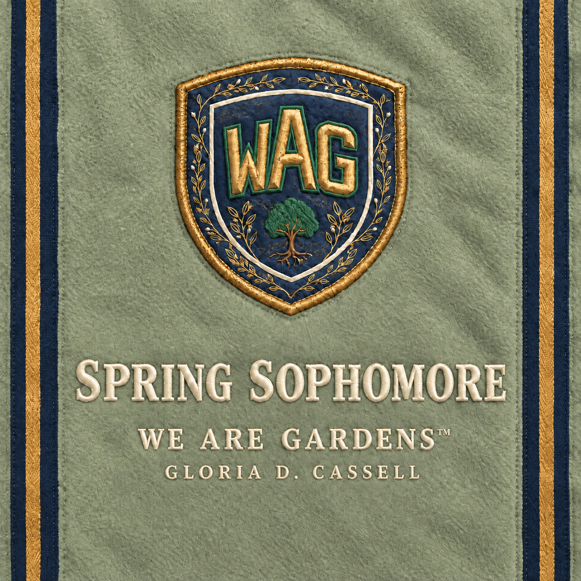 Original Spring Sophomore album cover in sage and ivory with the We Are Gardens crest and gold details.