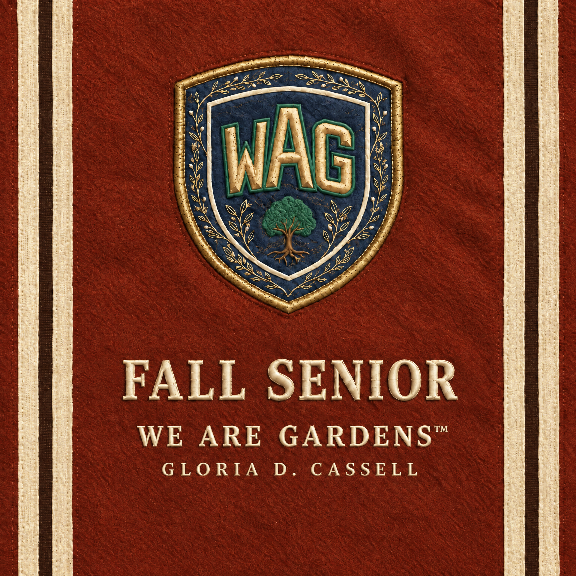 Original Fall Senior album cover in deep red and ivory with the We Are Gardens crest and gold details.