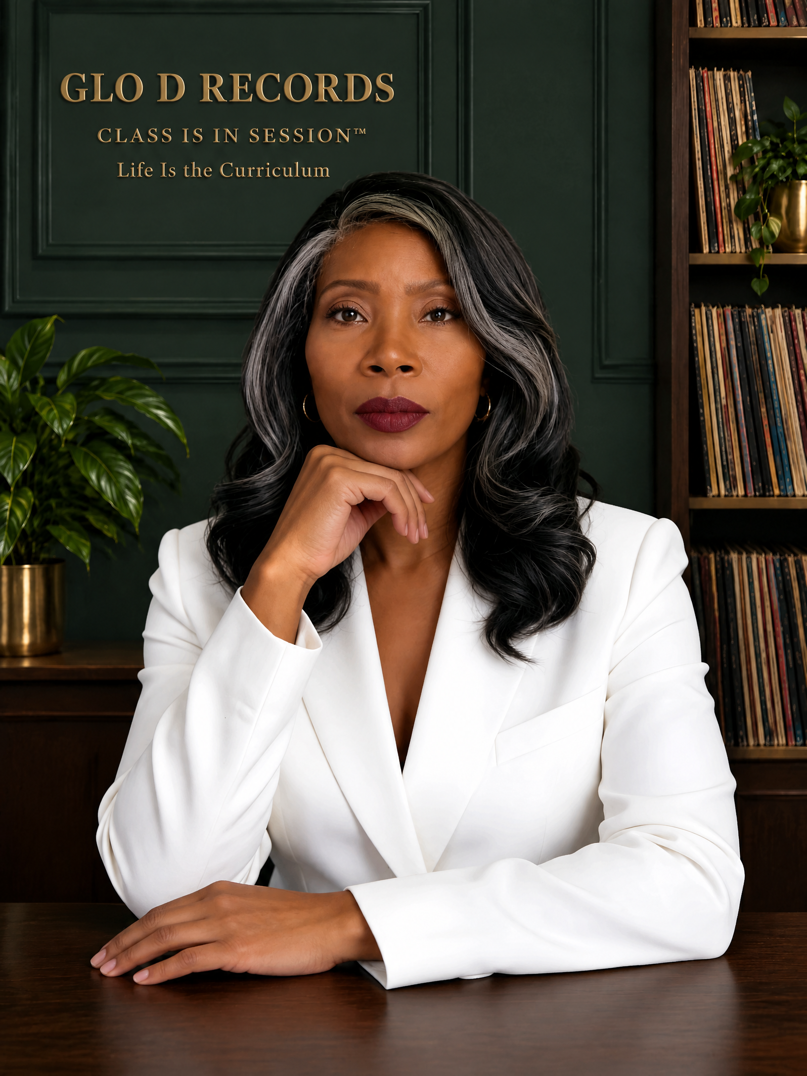 Gloria D. Cassell in a white suit seated at a dark wood table; Glo D Records and Class Is in Session™: Life Is the Curriculum appear on the deep emerald wall behind her.